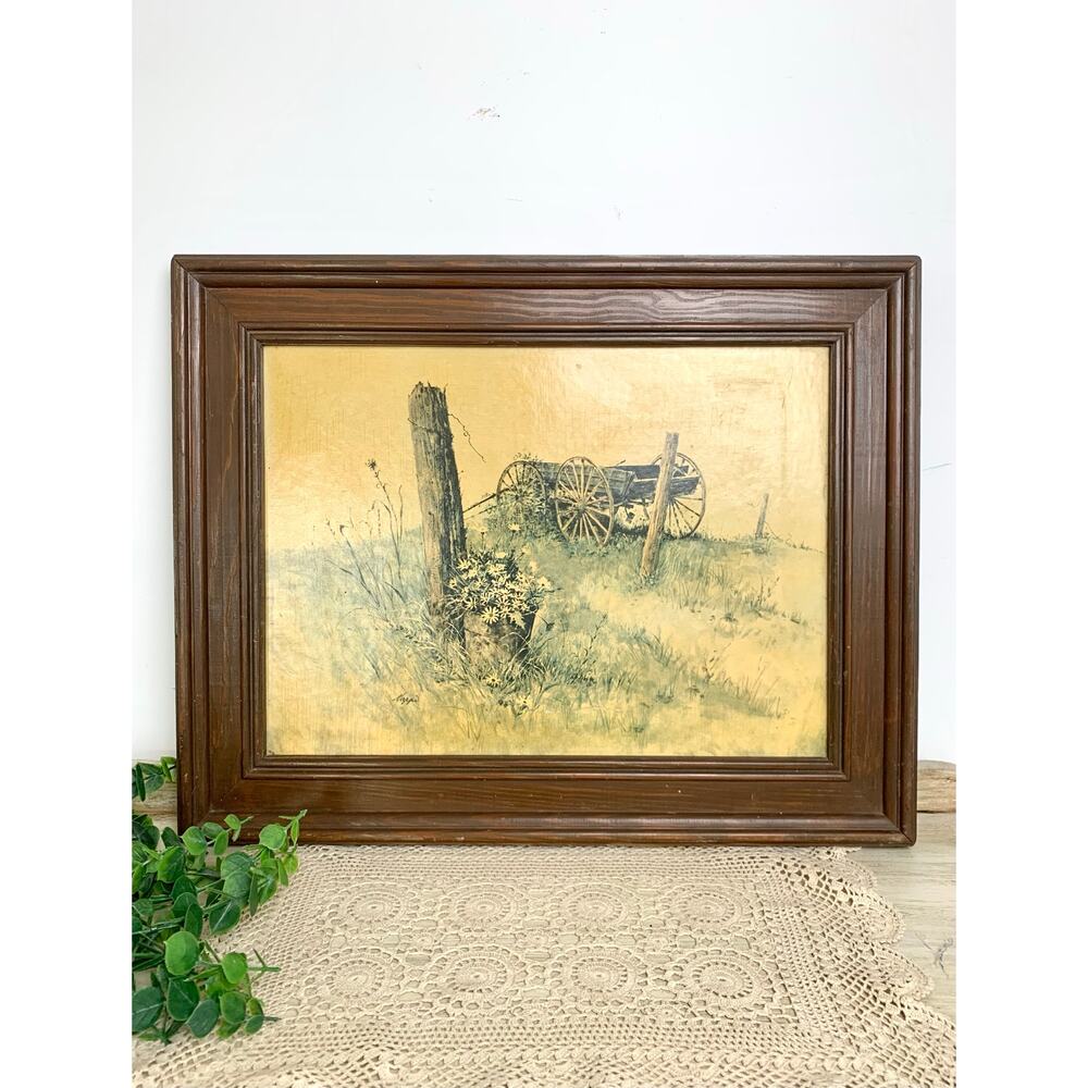 Vintage Daisy Wagon Landscape Print Rustic Farmhouse Art Framed Country Cottage